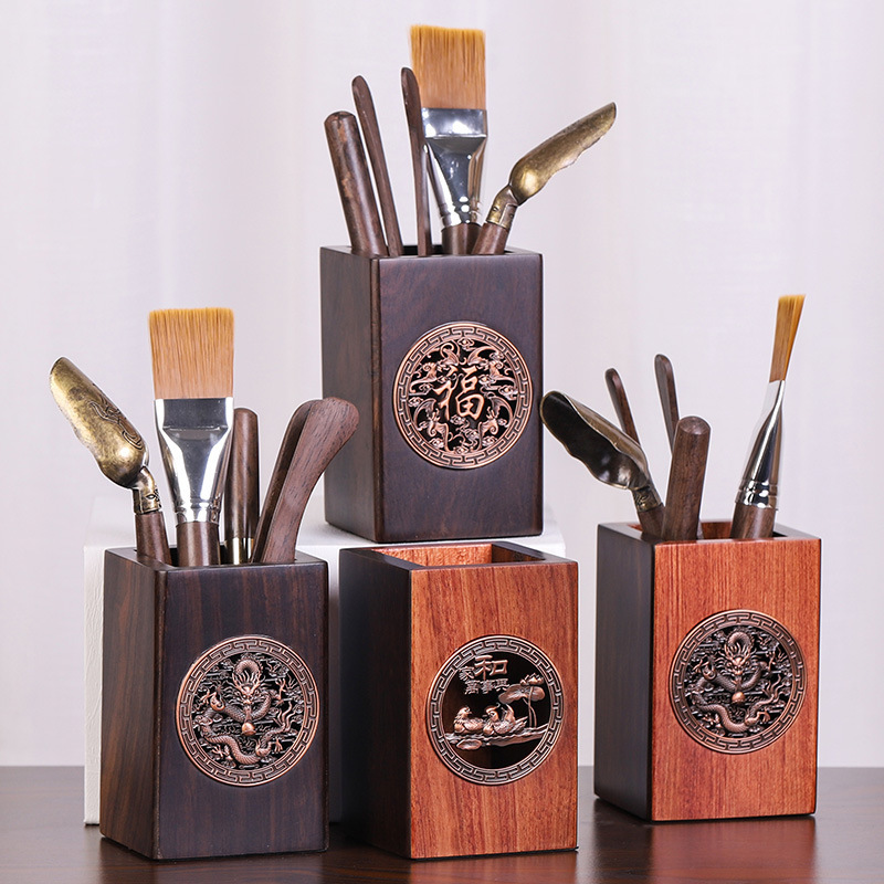 Bộ sáu quý ông trà đạo bằng gỗ Đàn hương đen Bộ trà Kungfu gia dụng bằng gỗ nguyên khối bàn chải bút cốc Bộ phụ kiện nghệ thuật trà