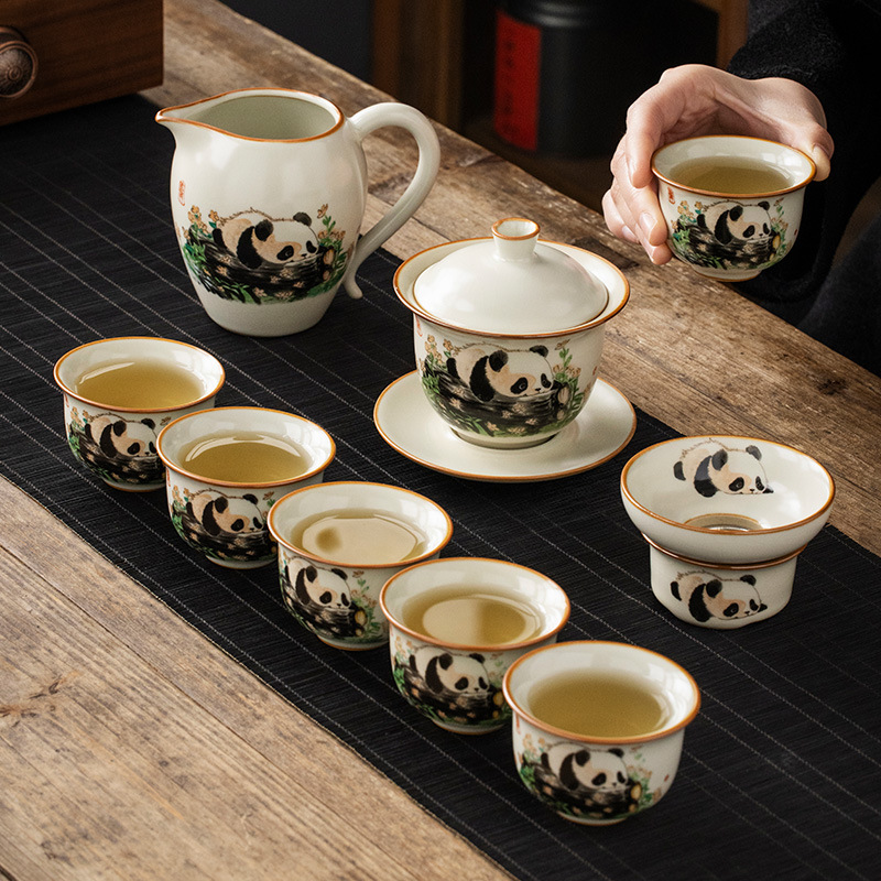 Bộ trà bát có nắp 3 tài gốm sứ Ru Kiln Panda Bộ trà Kung Fu một ấm sáu chén cao cấp cho phòng khách gia dụng