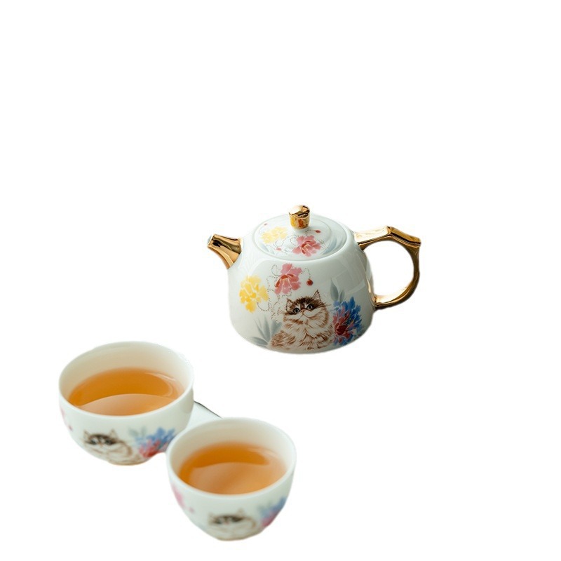 Ấm trà mèo màu pastel bằng sứ ngọc trắng có lỗ bóng, một mảnh dùng trong gia đình, quà tặng cao cấp, ấm trà kung fu bằng gốm văn phòng.