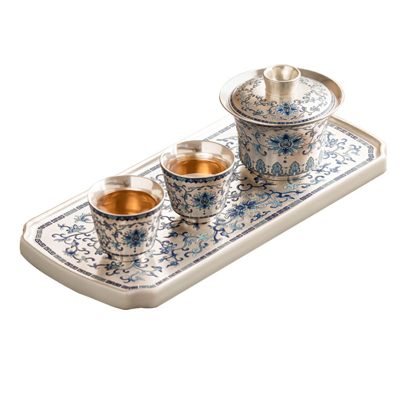 Bộ ấm trà mạ bạc Fuyun Nian Lian mạ bạc gốm sứ ba tài năng nắp cốc trà túi du lịch cắm trại di động một bát hai cốc