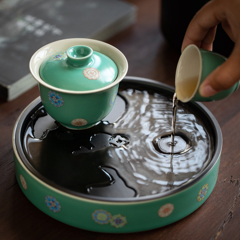 Khay trà gốm xanh ngọc lam, khay đựng nước hai lớp, khay đựng nước, khay đựng trà hình tròn, khay đựng trà, Khay đựng ấm cỡ lớn