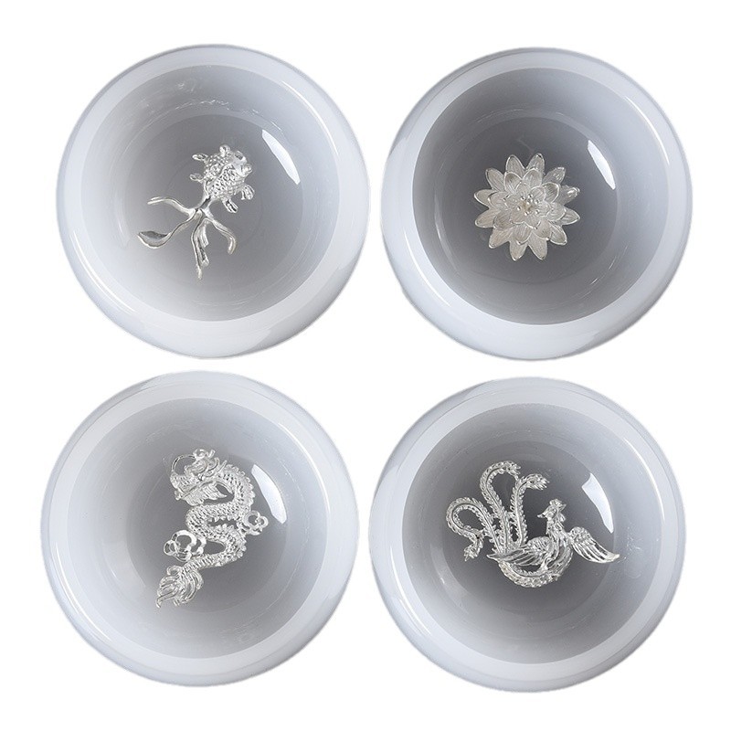 Cốc trà sứ trắng sứ ngọc dát bạc gia dụng cốc trà cỡ lớn cốc trà ngọc lưu ly cốc chủ nhân cốc đơn cốc bạc hộp quà