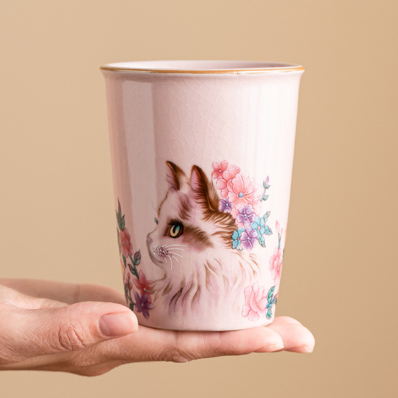 Cốc coca mèo hoa lò Jisu Ru cốc gốm sứ có thể mở được cốc trà miệng thẳng cốc nước văn phòng dung tích lớn