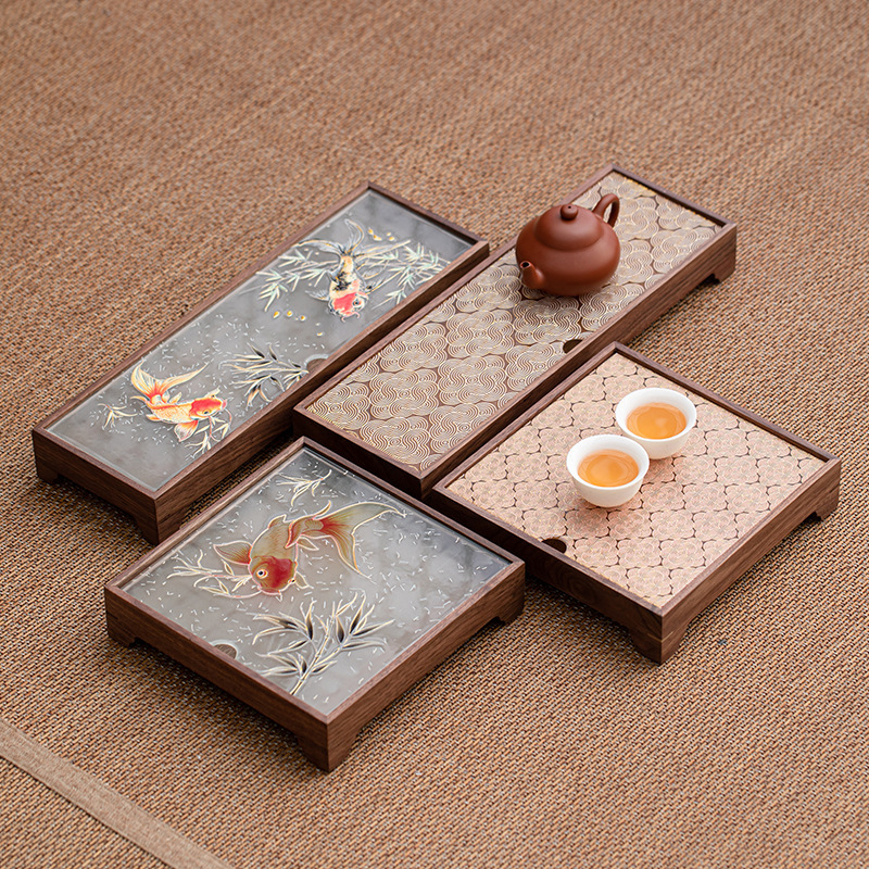 Khay trà pha khô hình chữ nhật gỗ óc chó khay trà gỗ nguyên khối loại nhỏ gia dụng kiểu mới khay thoát nước kiểu Trung Quốc khay trà nhỏ