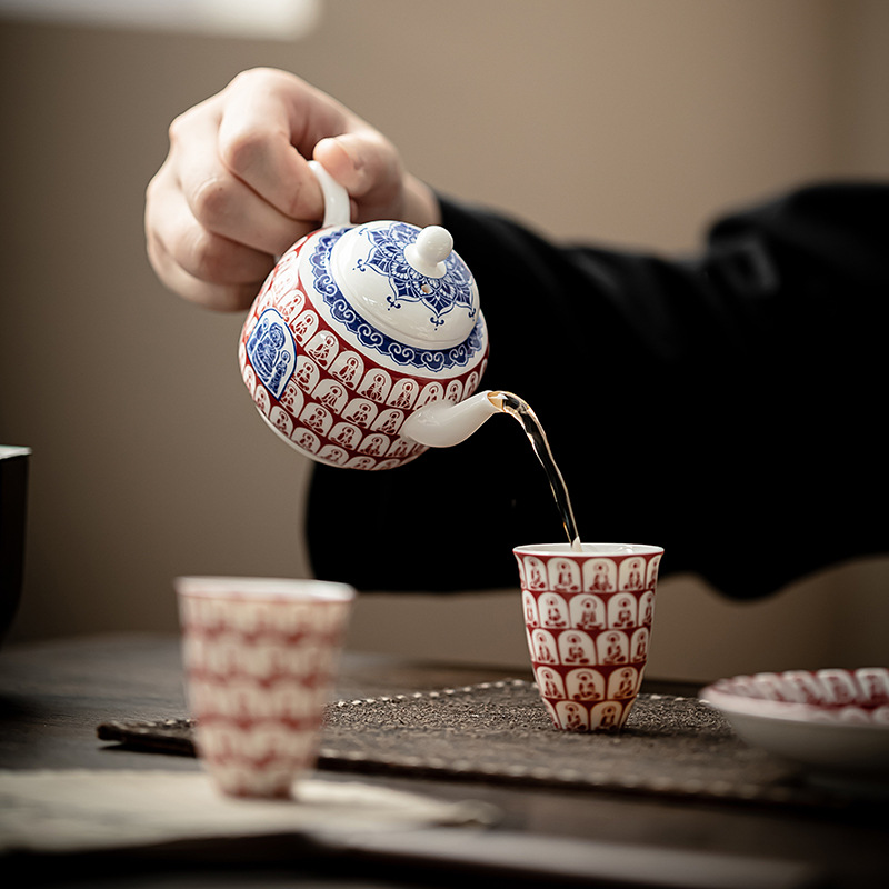 Bộ ấm trà một ấm hai cốc Đôn Hoàng Ngàn Phật Đồ pha trà gia dụng văn hóa và sáng tạo gốm sứ Trung Quốc Ấm trà cốc trà hộp quà