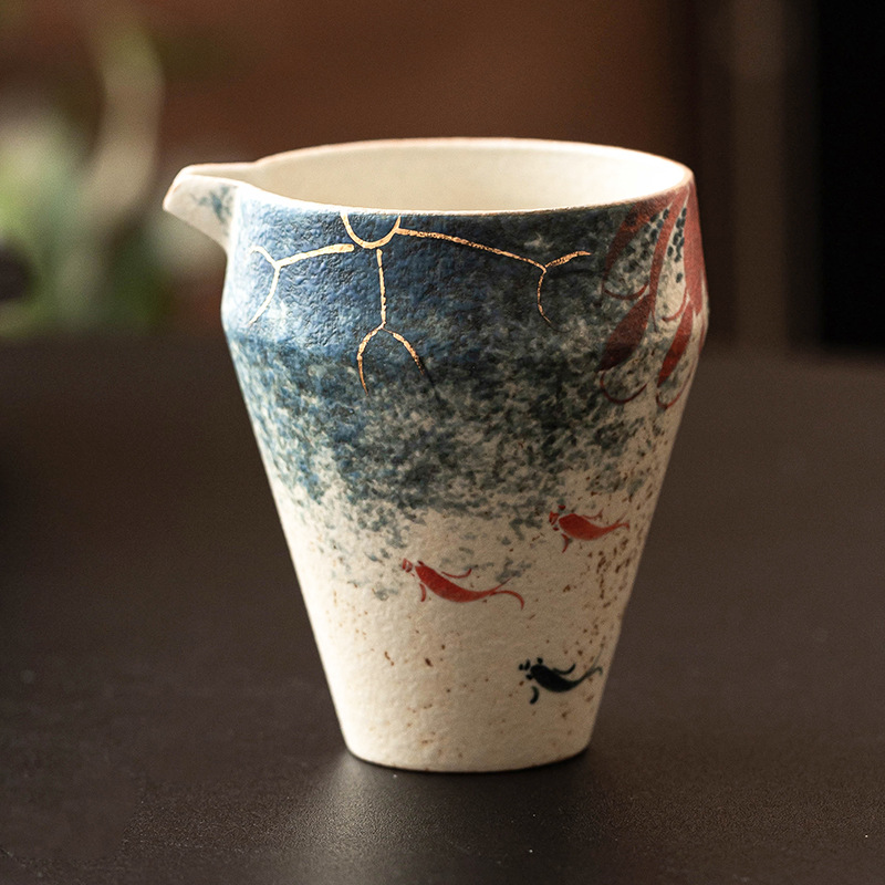 Cốc công bằng gốm sứ đỏ đá lửa trắng xanh tinh khiết vẽ tay vàng hoa sen trà cá koi biển phụ kiện trà Kung Fu dụng cụ pha trà