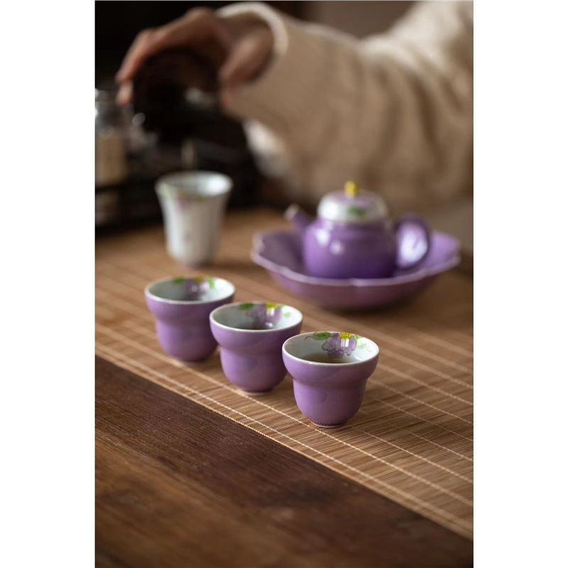Bộ ấm trà chữ nhỏ màu tím vẽ tay Bộ ấm trà Kung Fu ấm trà gốm sứ nhẹ sang trọng trọn bộ văn phòng nữ cao cấp