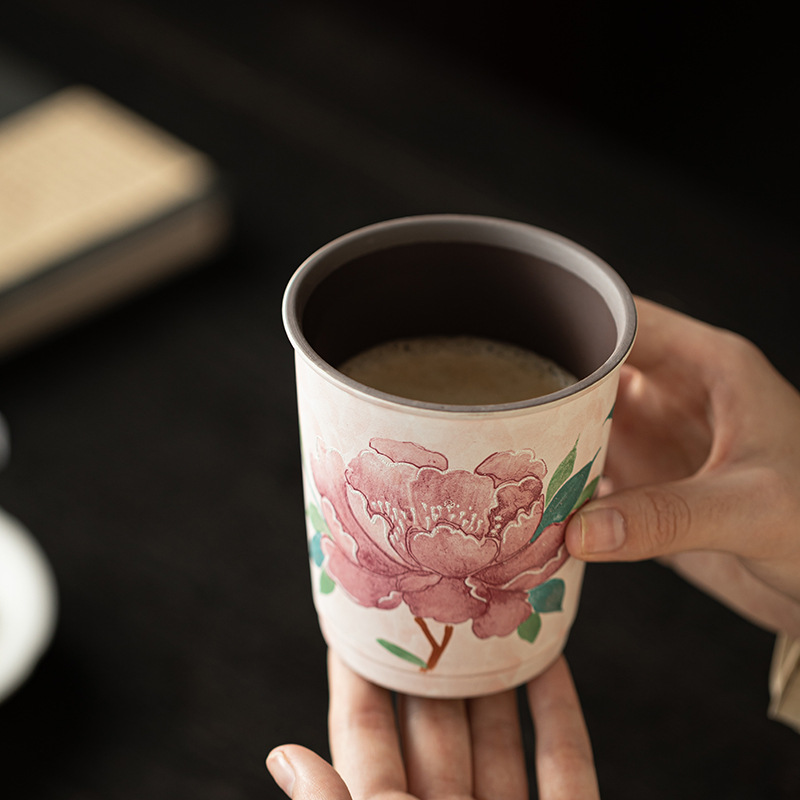 Đá cũ bùn trang điểm nhẹ hoa mẫu đơn cốc cola văn phòng nhà cá nhân cốc uống nước gốm trà chủ cốc quà tặng