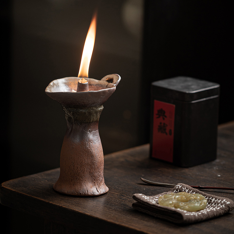 Chân nến gốm thô bùn đá cũ, chân đèn kiểu Trung Quốc, đèn ngủ thơm, đế nến cổ điển, đồ trang trí để bàn phòng trà gia đình