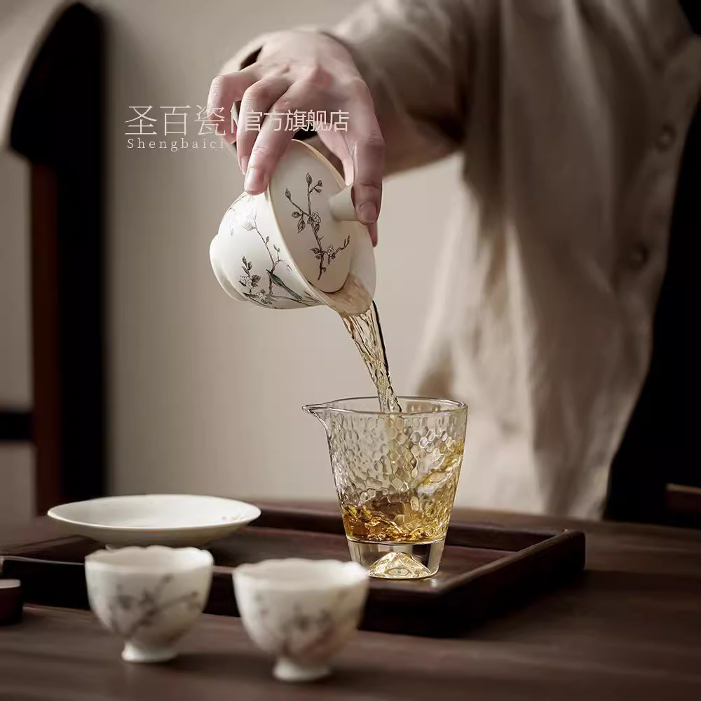 Bát có nắp tam tài Cỡ nhỏ bằng sứ, cành đào tráng men soda, cốc trà gia dụng chim chích chòe, dụng cụ pha trà Kung Fu, bình cầm tay