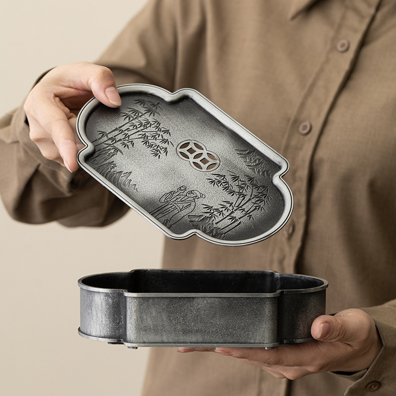 Bình hợp kim cổ điển kiểu Nhật, khay pha khô cũ, khay pha trà, khay đựng cốc trà, khay chứa nước trà đạo, khay rửa bình