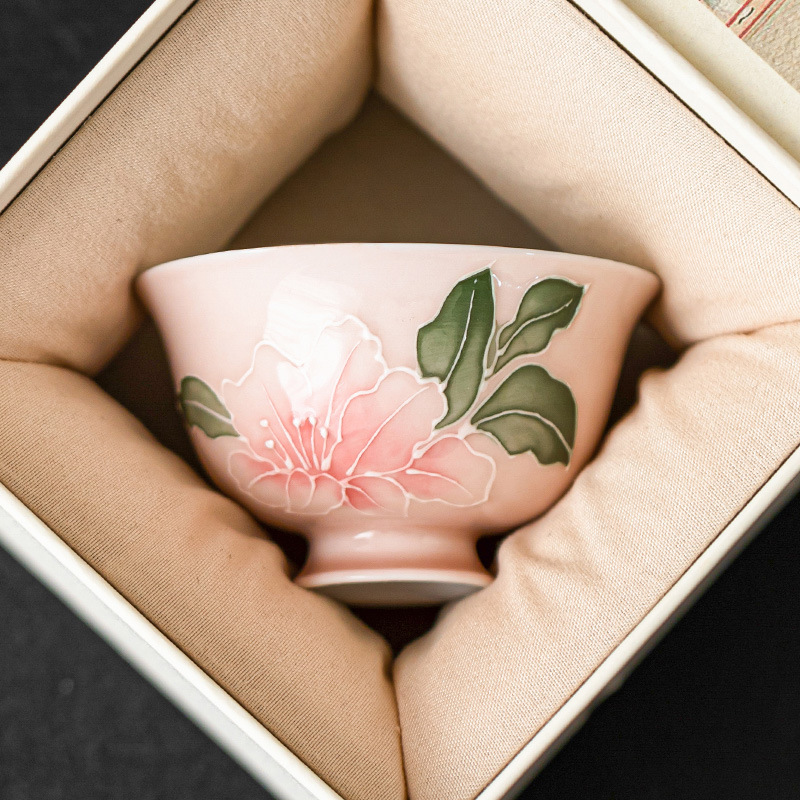 Vẽ tay đống bột chạm khắc hoa loa kèn tách trà cốc trà gốm sứ bộ trà cao cấp gia dụng cốc chủ tinh tế cốc đơn