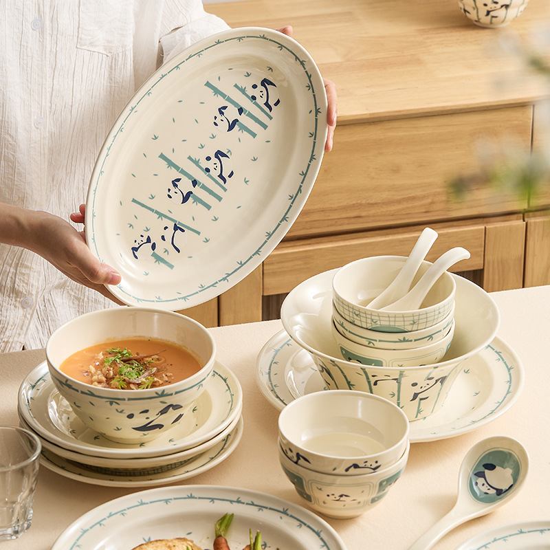 Bộ bát đĩa gốm sứ Panda Xizhu Bộ bát đĩa gia dụng Bộ bát đĩa bộ đồ ăn tân gia
