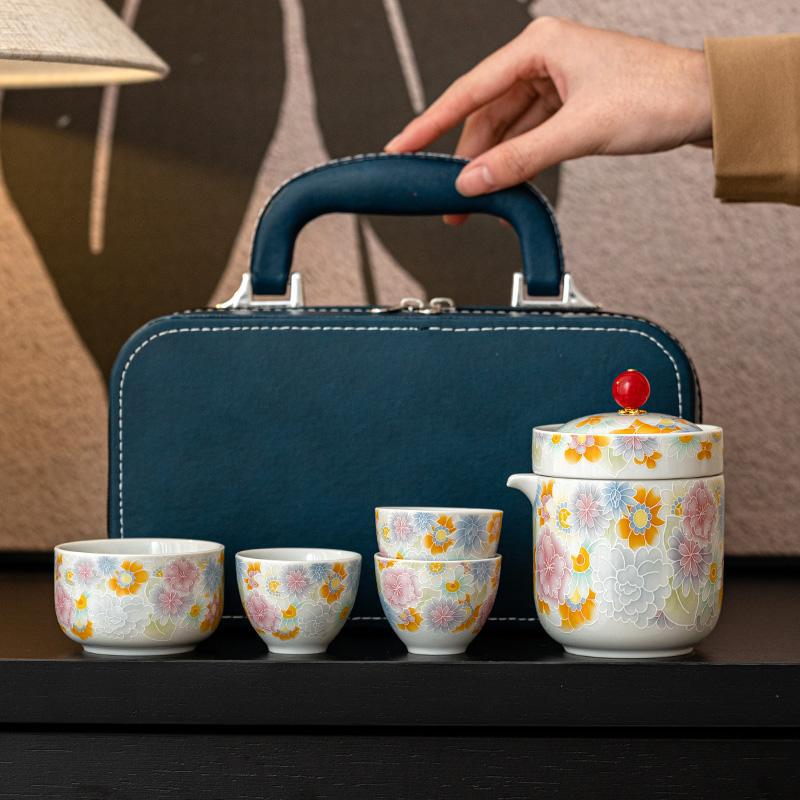 Đồ gốm Vạn Hoa tráng men cổ Cốc khách nhanh Ấm pha trà Bộ trà du lịch ngoài trời di động Bộ một ấm bốn cốc