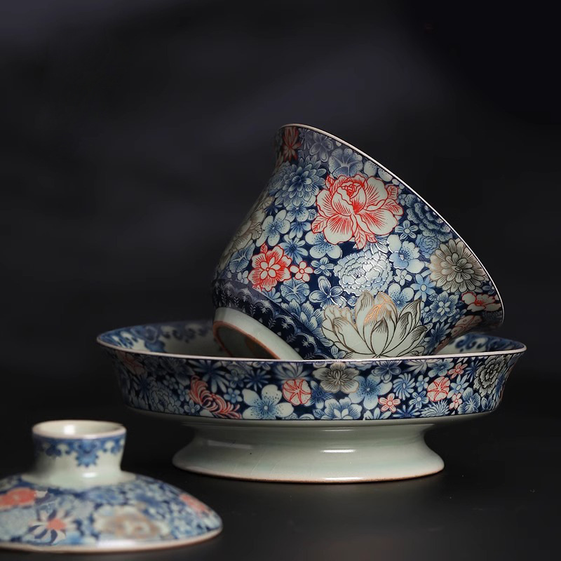 Lò nung Tianqingru mở lát trăm hoa gốm sứ trắng xanh bát có nắp ba tài dụng cụ pha trà Kung Fu bát pha trà đơn gia dụng