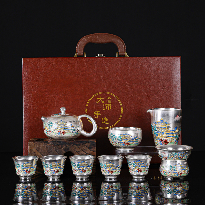 Bộ trà bạc cao cấp, ấm trà tráng men thủ công bạc nguyên chất mạ 999, bát có nắp, bộ trà Kung Fu lắp ráp hoàn chỉnh
