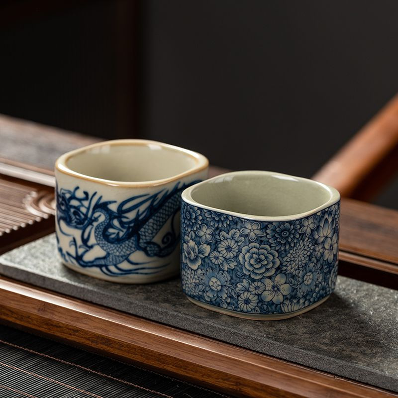 Cốc trà vuông trắng xanh cao cấp bộ trà gốm sứ công phu cốc cá nhân có thể mở cốc chủ nhân cỡ lớn cốc đơn tặng quà