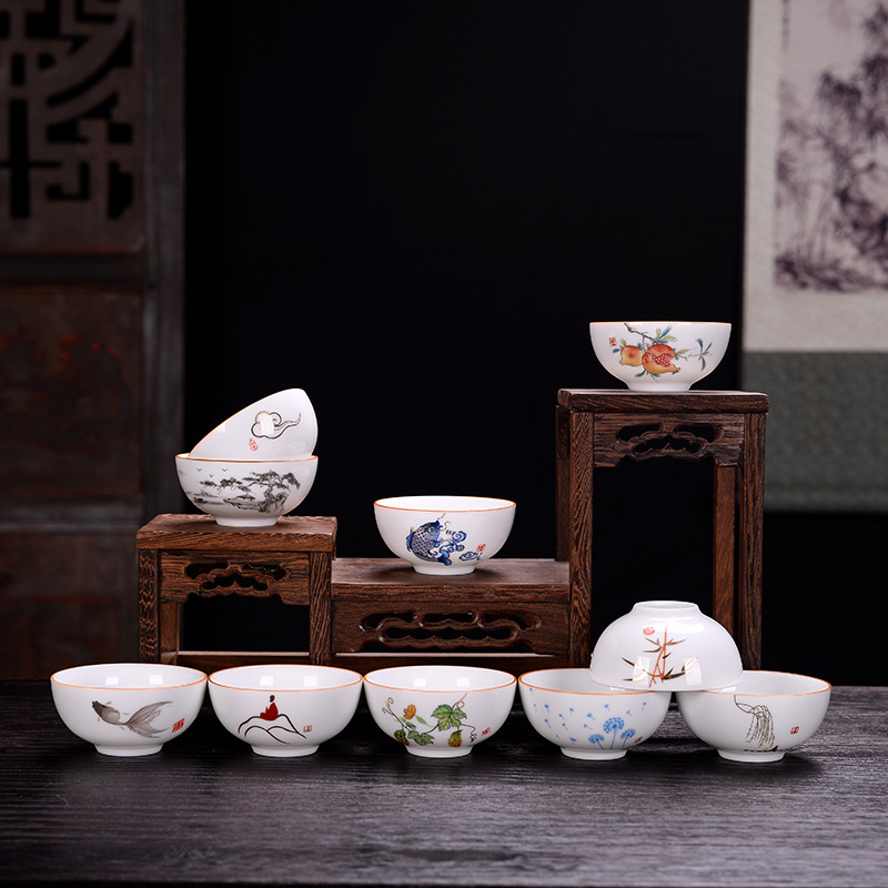 Cốc trà sứ trắng Dehua cốc chủ nhân tách trà cá nhân cốc đơn gốm sứ bộ trà Kung Fu bát trà có thể đặt logo