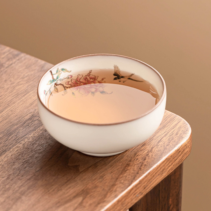 Cốc trà Ru Kiln Cốc chủ nhân gốm sứ cao cấp Cốc uống trà gia dụng Cốc trà bình mỡ lợn đông lạnh hoa mẫu đơn cốc miệng rộng