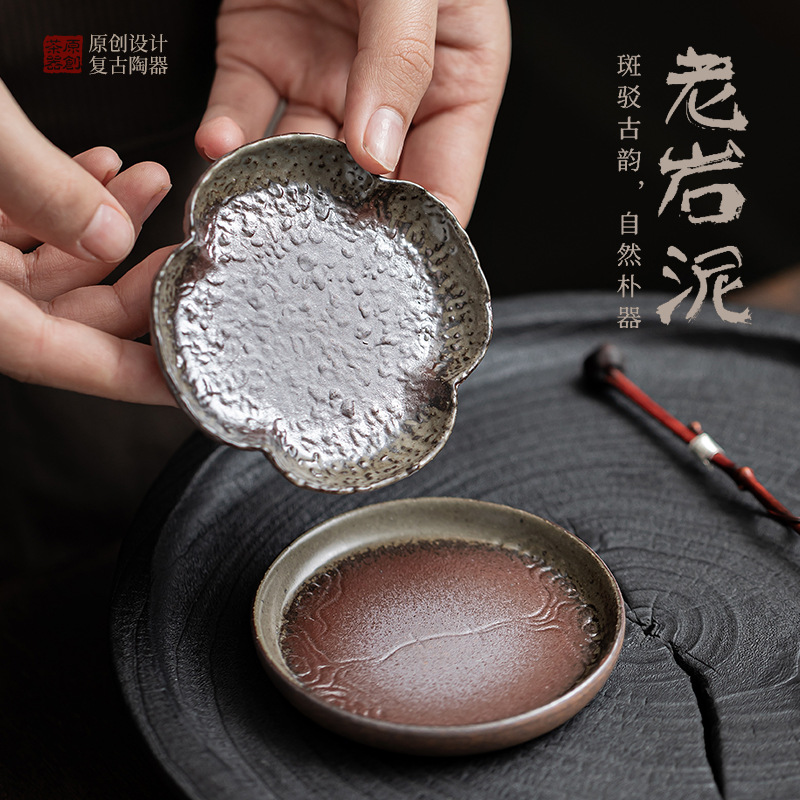 Lót cốc cỏ bốn lá bùn đá cũ lót ly cách nhiệt đựng cốc nhỏ cổ điển thủ công lót ly đĩa gốm sứ Kung Fu phụ kiện trà