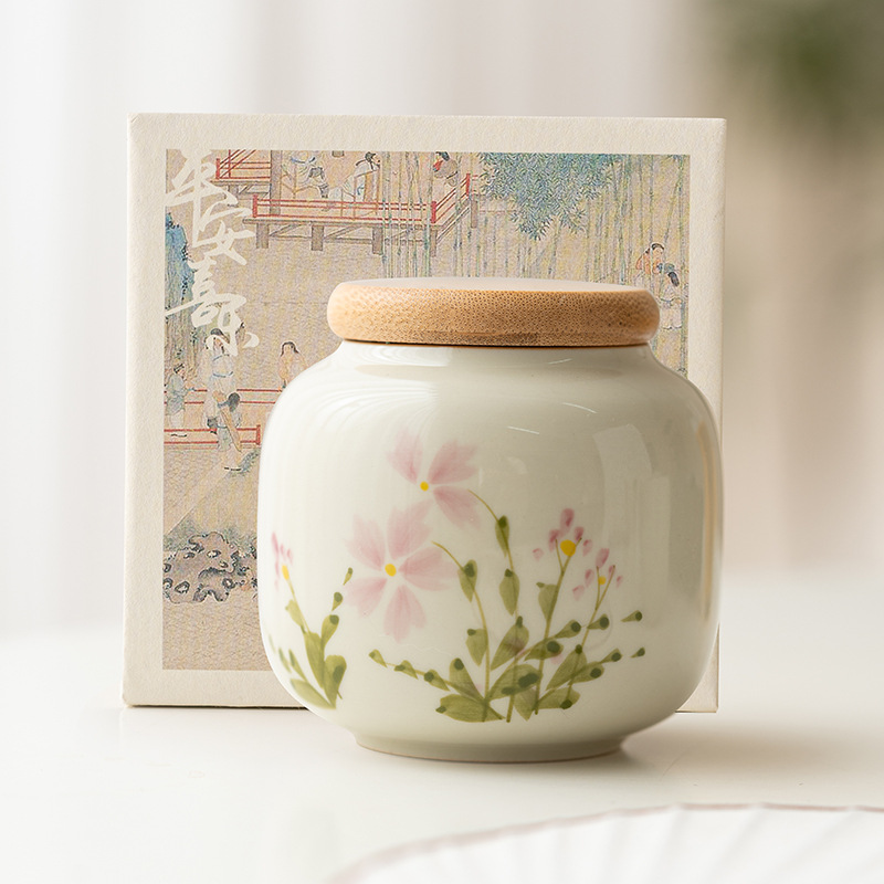 Thùng Trà Hoa Cúc Nhỏ Vẽ tay màu xám thực vật, Thùng Lưu Trữ di động bằng gốm, thùng kín chống ẩm cao cấp cỡ nhỏ, thùng rỗng