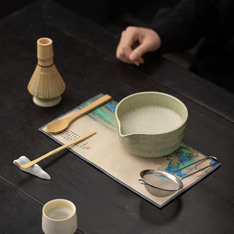 Bộ tám món matcha hoa văn sóng biển, bình trà gốm, đầu lá đứng, bát matcha, lưới lọc trà, gọi thiết bị matcha, trà đạo
