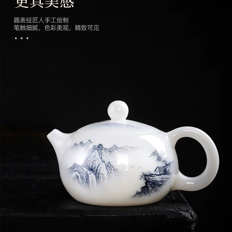 Guo Zhibao Ấm trà thủ công Trung Quốc trắng mỡ cừu ngọc bích men nung vẽ tay phong cảnh Xi Shi Ấm trà Kung Fu