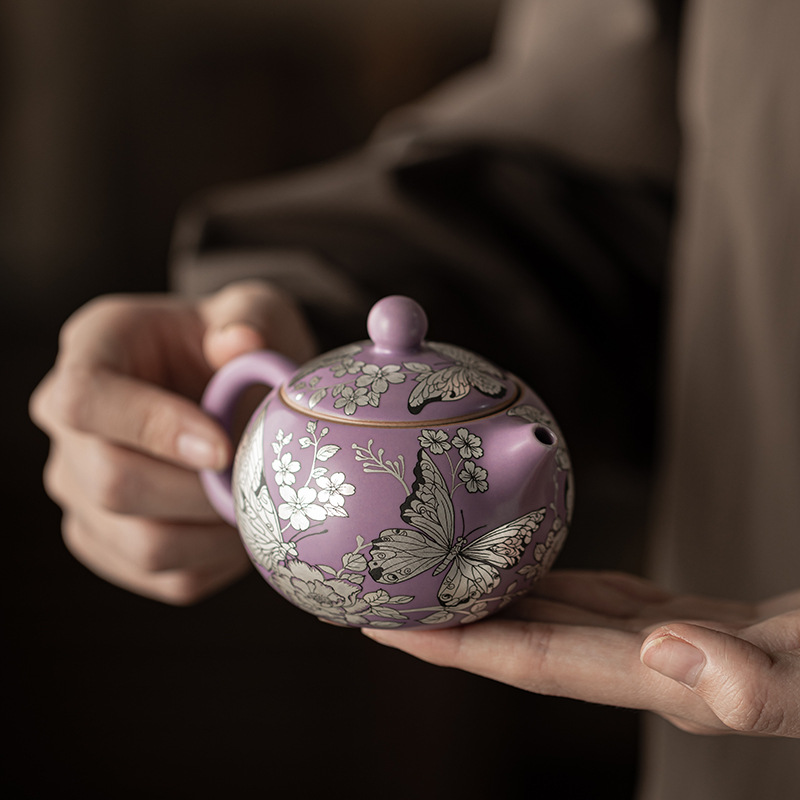 Bình lọc gốm sứ gia dụng hình bướm bạc Ru tím, hoa tình yêu Xishi, một ngăn, có thể dùng pha trà, hộp quà tặng