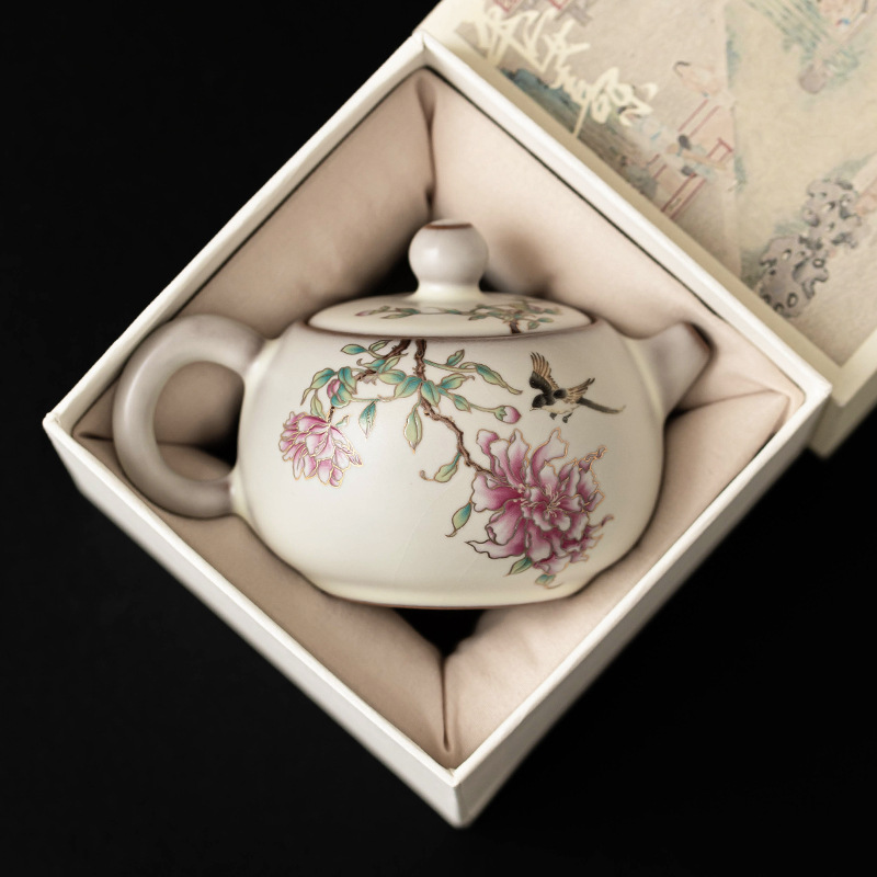 Ấm trà Ru Kiln Ấm trà đơn lọc cổ điển kiểu Trung Quốc gia dụng Bình thạch mỡ lợn Hoa mẫu đơn Xi Shi Bình một hộp quà