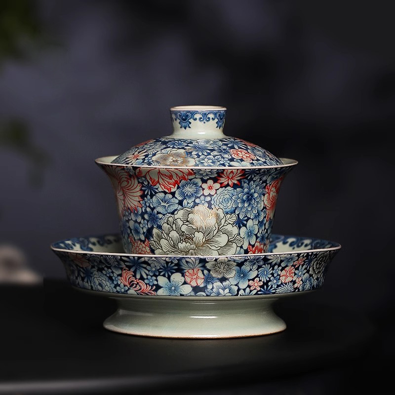 Lò nung Tianqingru mở lát trăm hoa gốm sứ trắng xanh bát có nắp ba tài dụng cụ pha trà Kung Fu bát pha trà đơn gia dụng