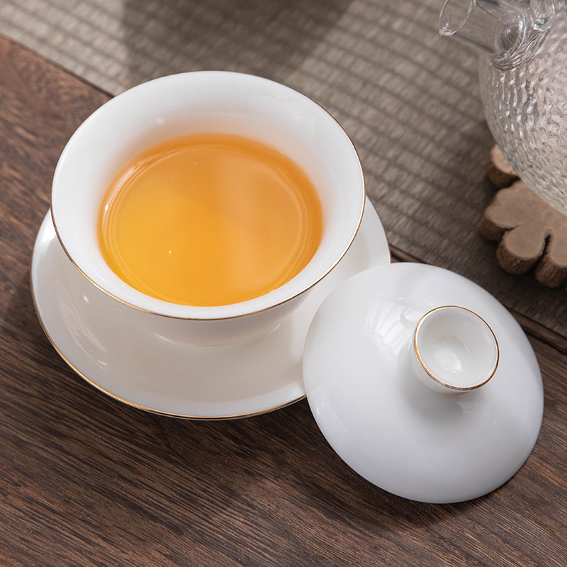 Bộ bát chén sứ trắng Đức Hoa, chất liệu ngọc béo, kiểu dáng ba tài, bát đơn, bộ ấm chén trà Kung Fu gia dụng, bán buôn.