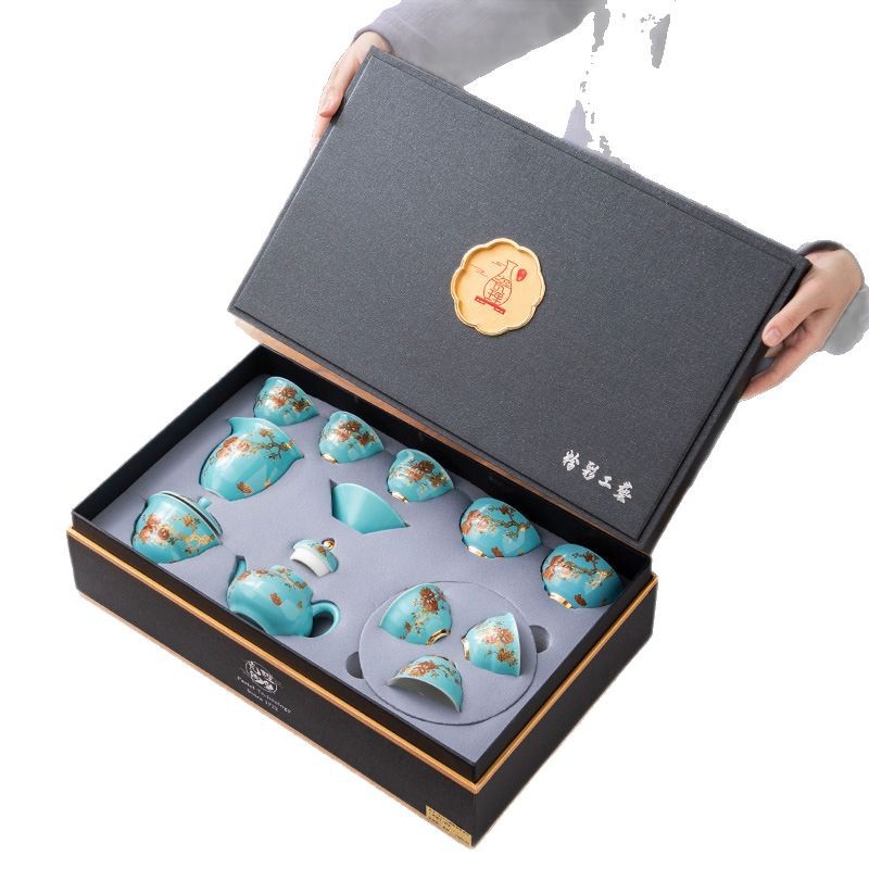 Bộ ấm chén trà cao cấp 2025 mới, sang trọng, gốm sứ cao cấp, kiểu Kung Fu, gồm chén, ấm, hộp quà tặng