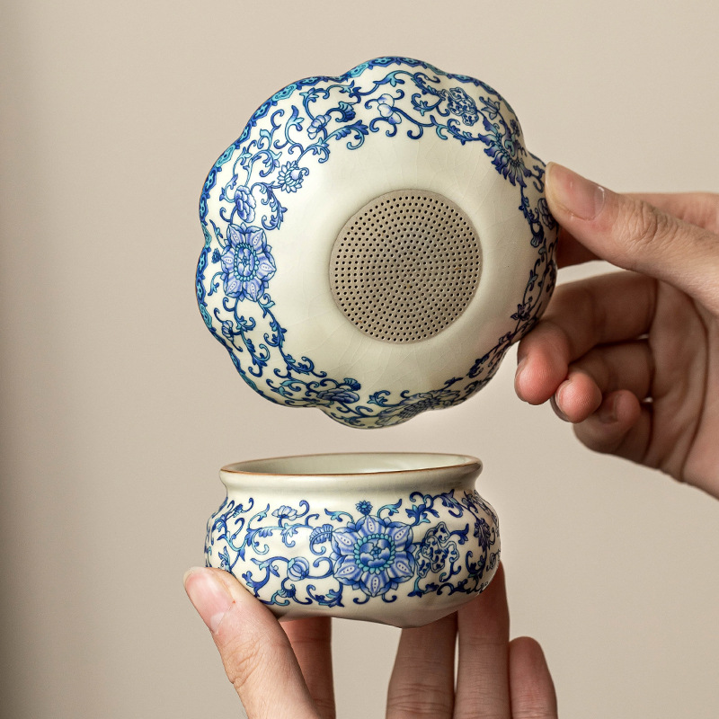 Lọc trà lọc trà gốm sứ Ru Kiln Phụ kiện bộ trà Kung Fu gia dụng Bộ lọc trà hoa sen xanh trắng