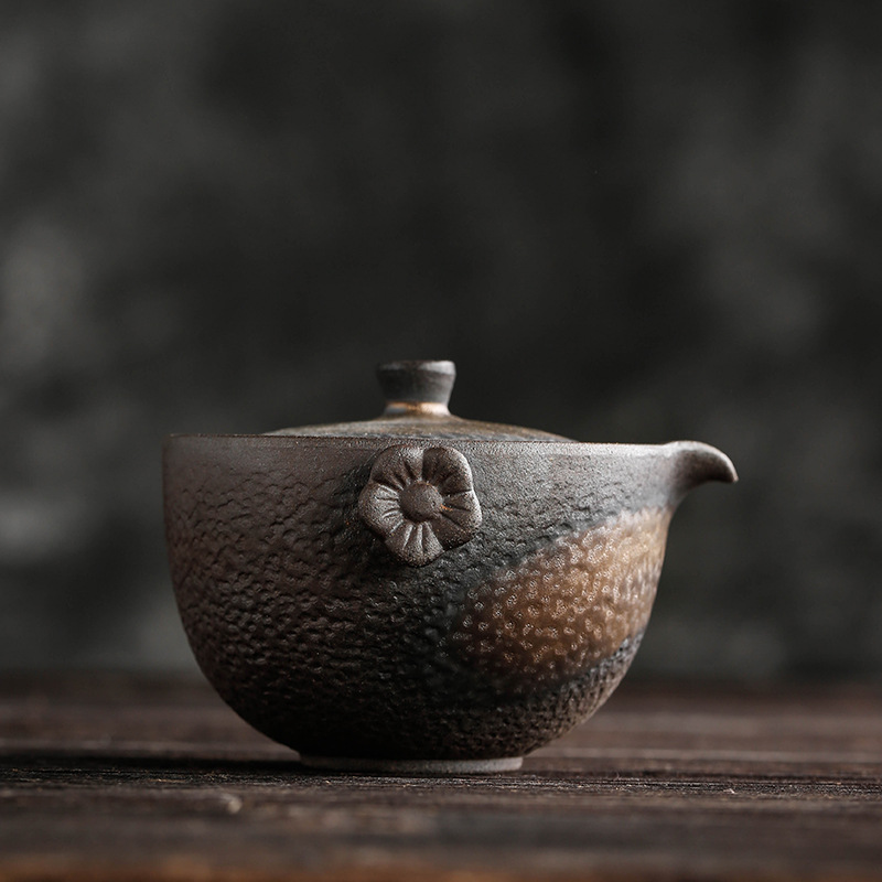 Bán buôn Ấm gốm thô hình hoa, ấm tay cầm tai, ấm trà Thiền thủ công, Bộ trà Kung Fu cổ điển, bát tráng men sắt mạ vàng