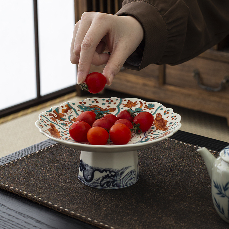 Đĩa trái cây chân cao gốm tráng men kiểu Trung Quốc mới, đĩa ăn nhẹ, đĩa trái cây, bàn trà phòng khách, đĩa ăn nhẹ gia dụng