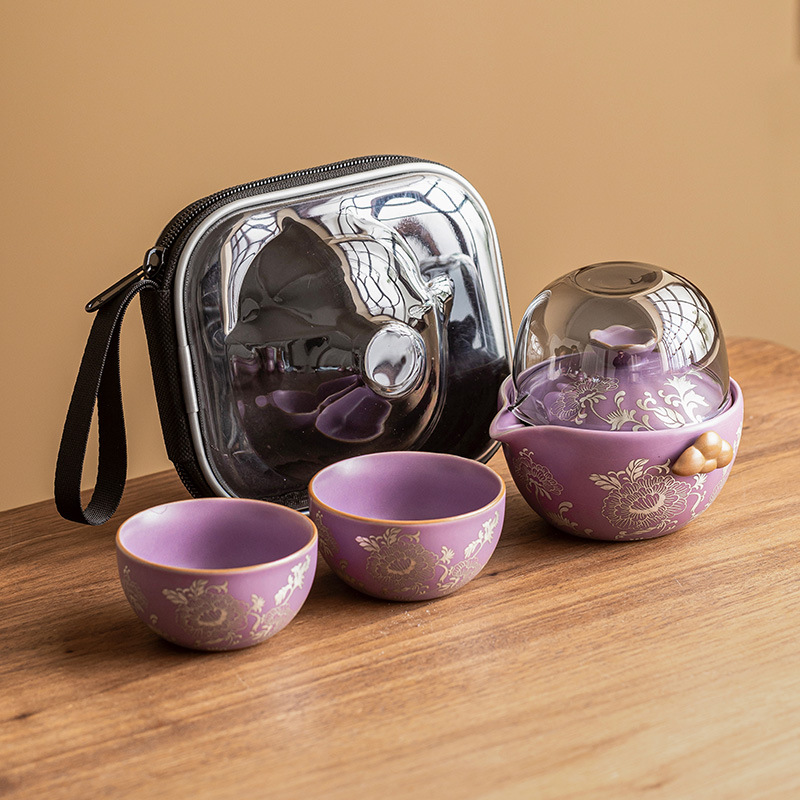 Bộ ấm chén du lịch hoa mẫu đơn bạc, bộ nhỏ, Kung Fu, di động, cốc nhanh, ấm trà cao cấp, một ấm hai chén