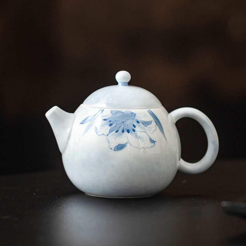 Ấm trà gốm sứ vẽ tay, ấm trà Wendan màu xanh lam, ấm trà nhỏ tinh tế gia dụng, lọc chống bỏng, hộp quà cầm tay