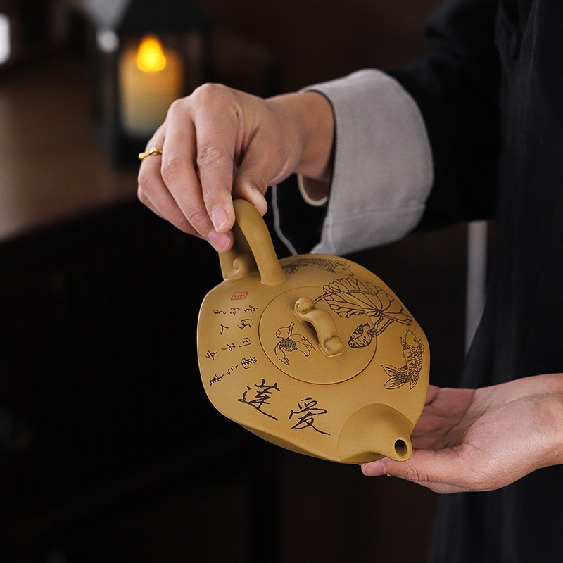 Ấm trà cát tím loại A, bộ trà, bình sen lá sen vàng cá tính, ấm trà cao cấp 350cc, hộp quà, ấm phượng