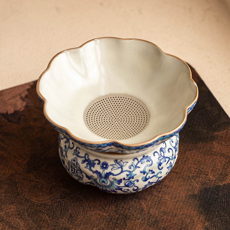 Lọc trà lọc trà gốm sứ Ru Kiln Phụ kiện bộ trà Kung Fu gia dụng Bộ lọc trà hoa sen xanh trắng