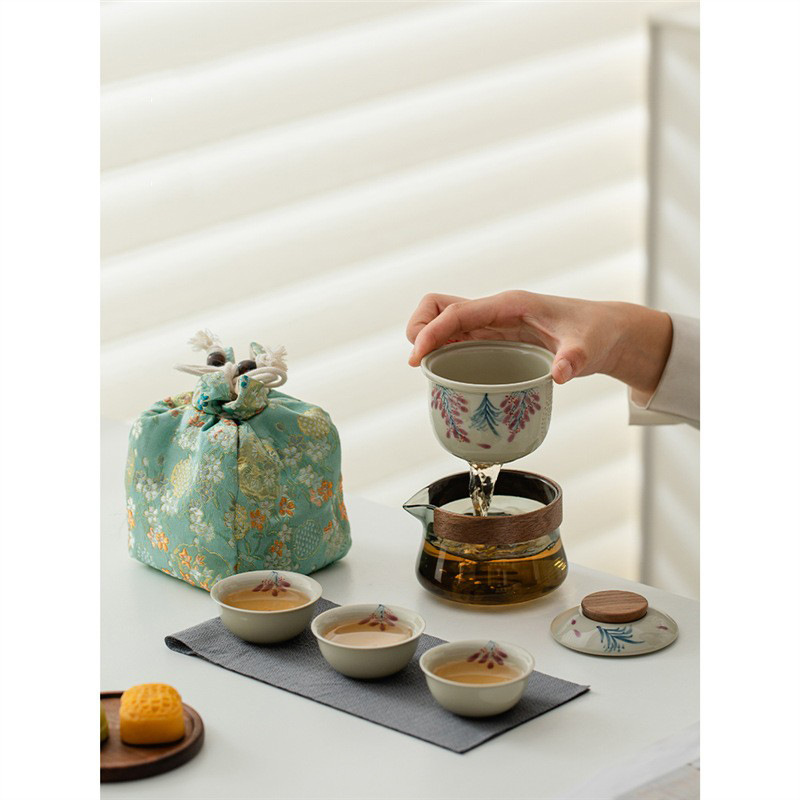 Vẽ tay hoa tử đằng, thực vật, màu xám, cốc khách nhanh, bộ trà du lịch gốm sứ, bộ trà di động ngoài trời, một bình ba cốc