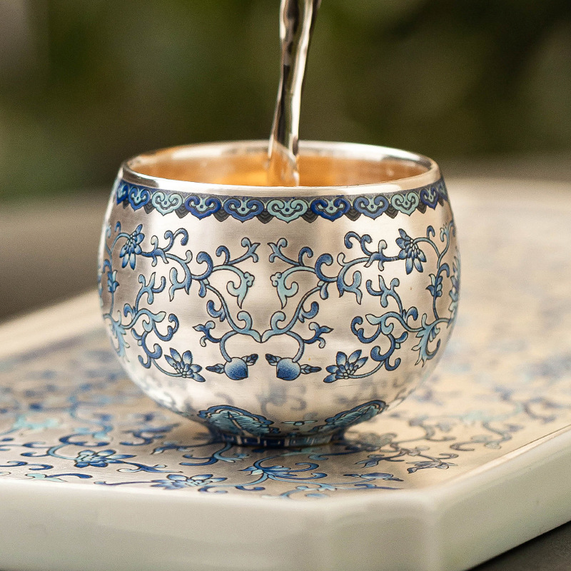 Cốc thiền mạ bạc năm sen may mắn cốc chủ nhân gốm sứ gia dụng cốc trà cao cấp sang trọng cốc trà ngon cốc uống trà kiểu Trung Quốc