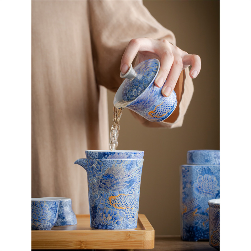 Bộ ấm trà Kung Fu màu xanh và trắng hình rồng bạc cloisonné gia dụng hộp quà trọn bộ men cung đình kiểu Trung Quốc văn phòng