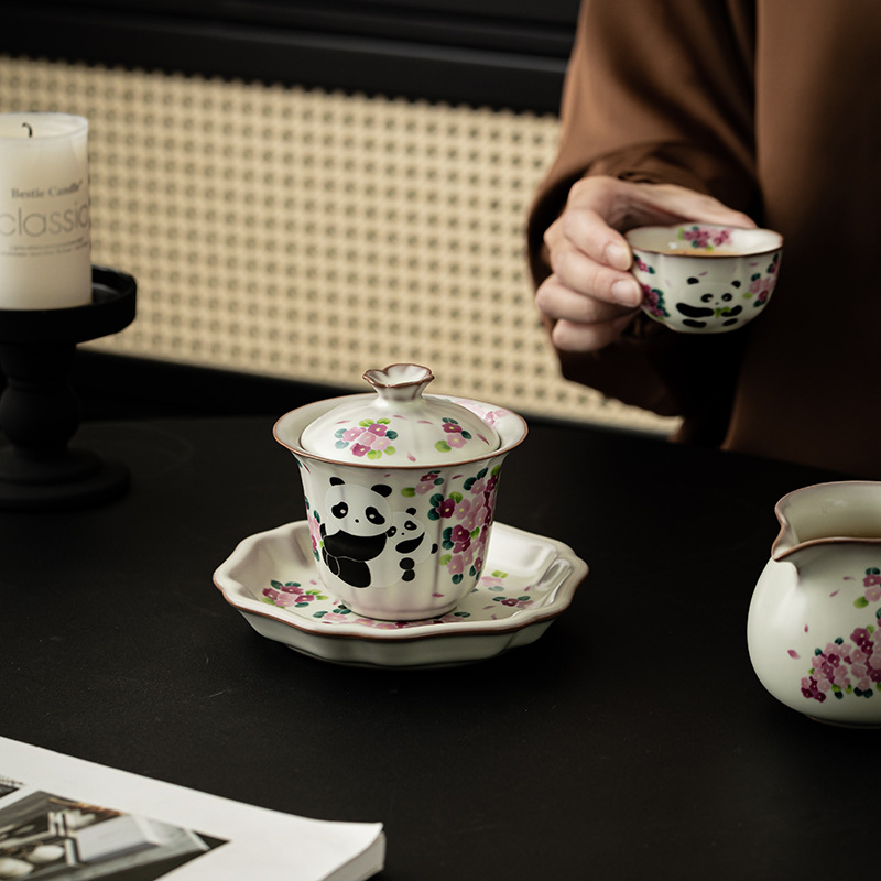 Bát có nắp ba gấu trúc Ru lò cổ, bát pha trà gia dụng không nóng, bộ trà Kung Fu chuyên dụng cho nữ, bát trà gốm sứ