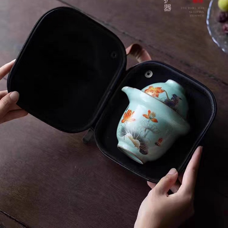 Bộ ấm trà du lịch Ru Kiln, cốc khách nhanh di động, ba cốc cho một người ngoài trời, quà tặng lò hồ dày cao cấp