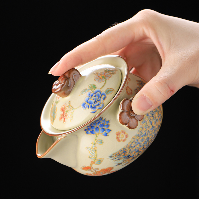 Ấm trà cầm tay Ru Kiln Ấm trà đơn lớn chống bỏng bát có nắp cốc trà một dụng cụ pha trà gốm sứ nhanh một ấm hai cốc