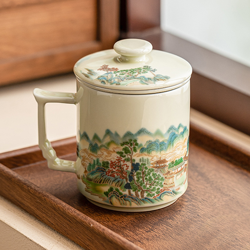 Cốc pha trà phong cảnh tráng men màu vàng bí mật cốc chuyên dụng cá nhân cốc tách nước trà có nắp cốc văn phòng gốm sứ Trung Quốc