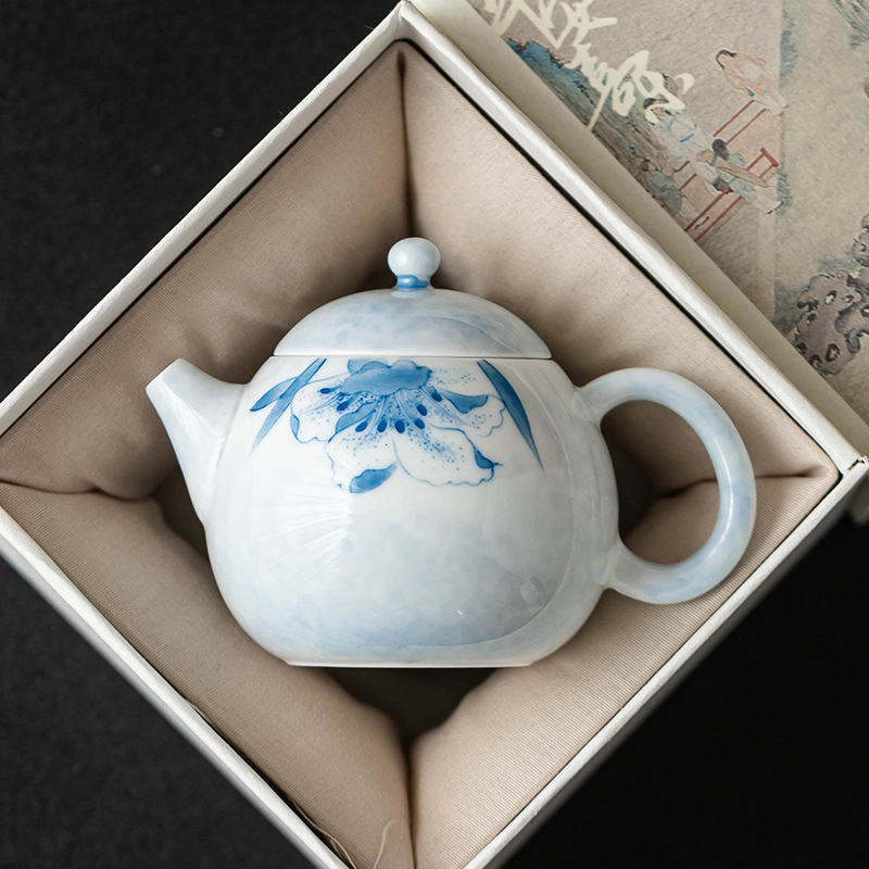 Ấm trà gốm sứ vẽ tay, ấm trà Wendan màu xanh lam, ấm trà nhỏ tinh tế gia dụng, lọc chống bỏng, hộp quà cầm tay