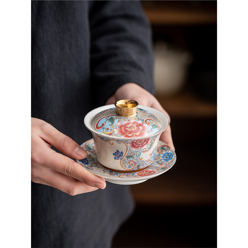 Bát trà tam tài bạc chạm khắc thủ công cốc trà đồ gốm sứ gia dụng bát trà pha trà men vàng hộp quà