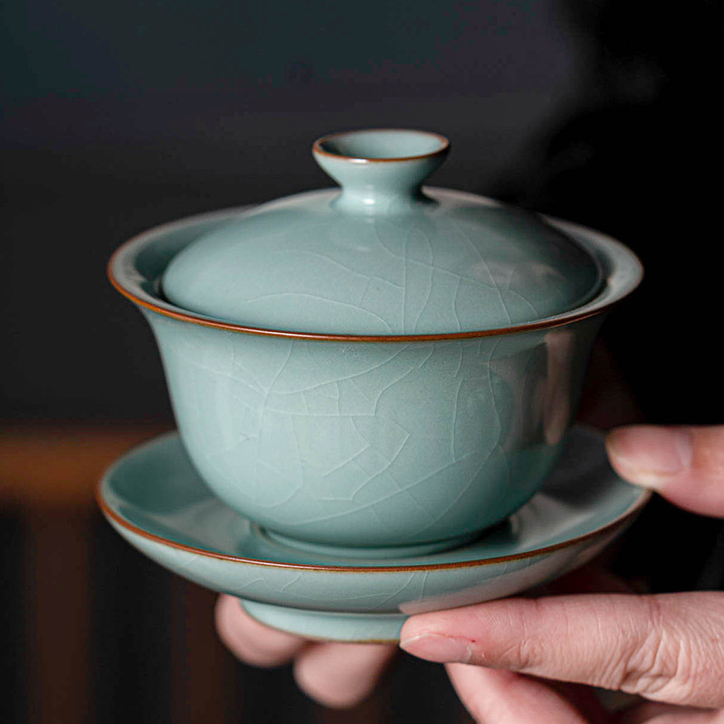Lò nung Houhu, lò Ru, bát có nắp ba tài, cỡ lớn, hộp quà màu lục lam mở bằng tay, bộ trà Kung Fu pha trà, gia dụng cổ điển