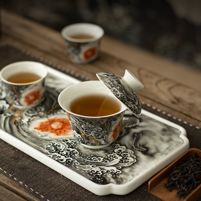 Jingdezhen Ink Color Xianglong Ercai Bát cốc trà gốm sứ Bộ trà Bát pha trà hoa văn rồng cao cấp Bộ trà Kung Fu